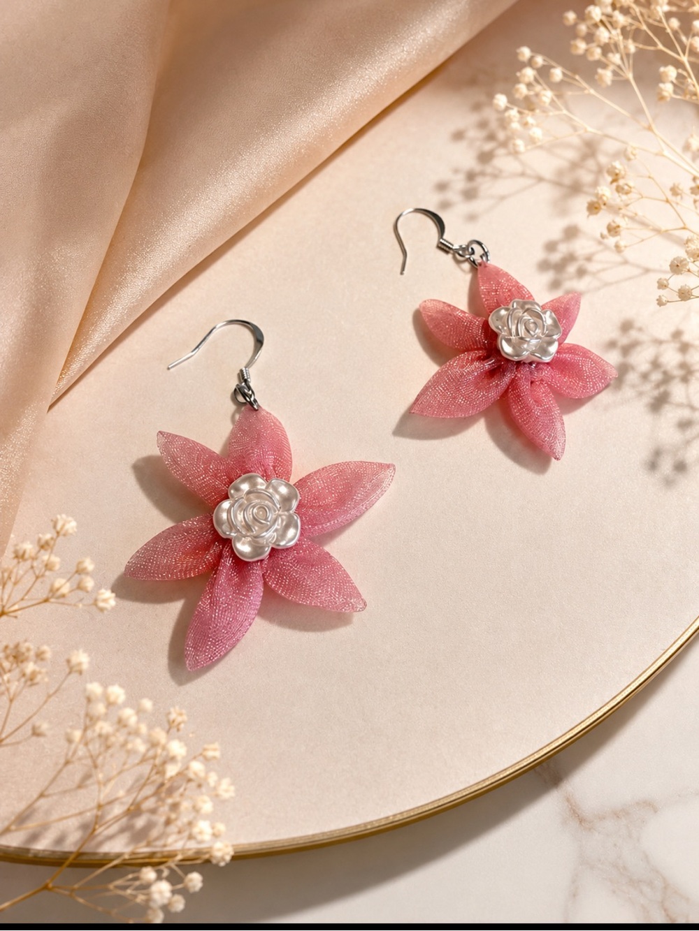 Handmade Pink Floral Drop Earrings with Silver Rose Accent
